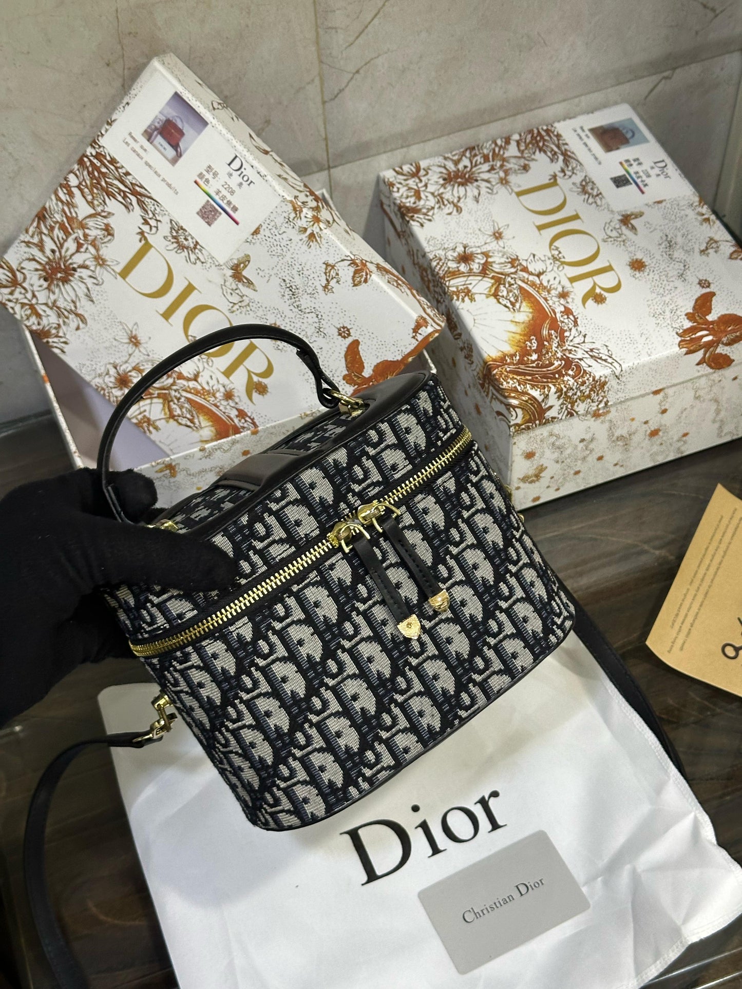 CHRISTIAN DIOR VANITY BAG 12A QUALITY WITH DIOR BOX, BILL & SATIN DUST COVER. SIZE _ 6 BY 8 INCHES