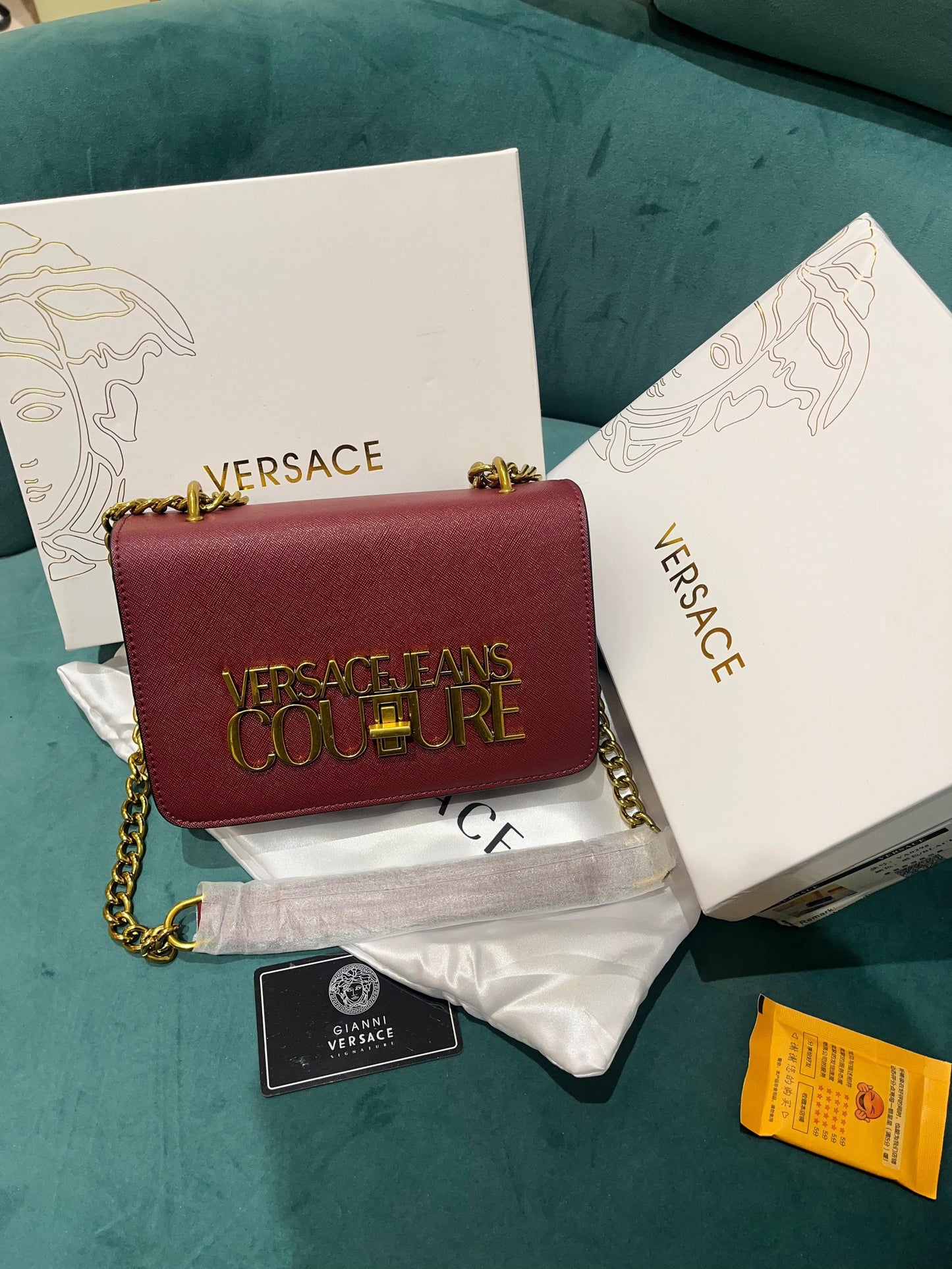 Versace Jeans Couture Saffiano Lock Crossbody Bag With OG Gift Box & Dust Bag Red