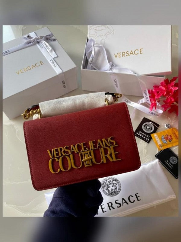 Versace Jeans Couture Saffiano Lock Crossbody Bag With OG Gift Box & Dust Bag Red